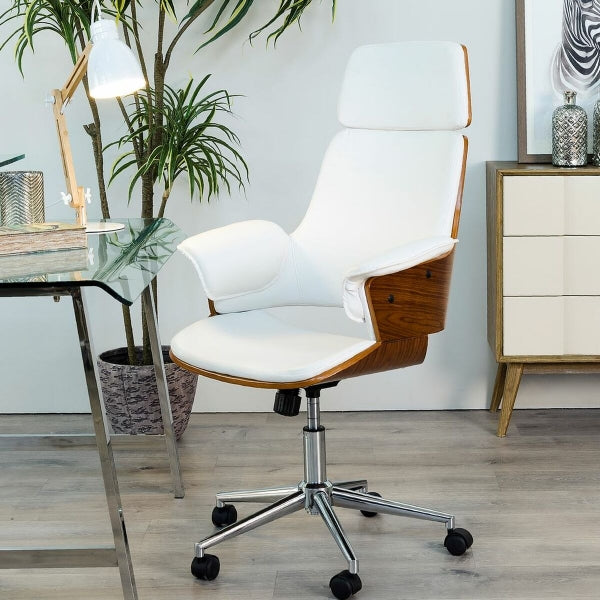 Contemporary Office Armchair with Armrests Home Decor Wood and White Leather