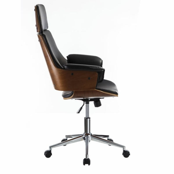 Contemporary Office Armchair with Wood and Black Leather Armrests