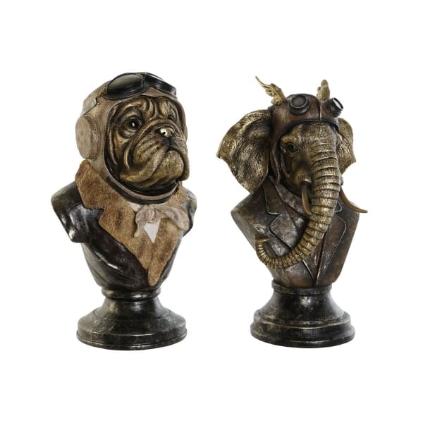 Bustes Chien et Éléphant Aviateurs Vintage en Résine Marron, Brun et Gris