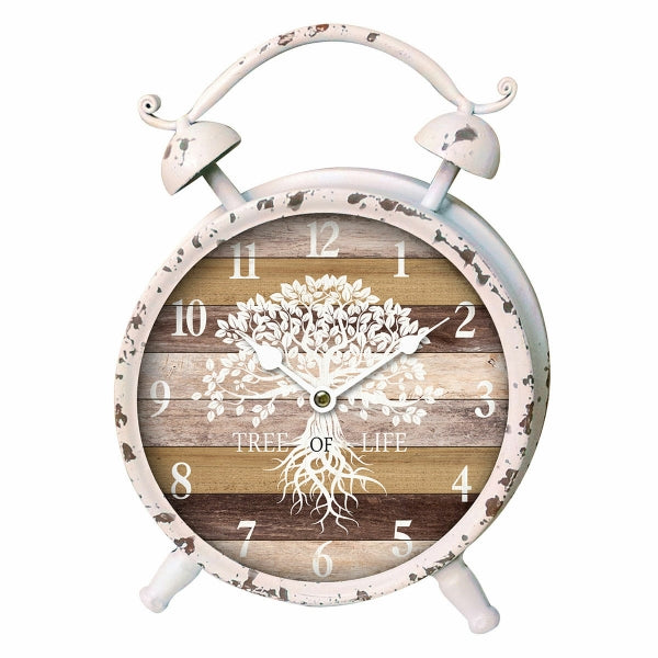 Horloge de Table Design Arbre de Vie en Métal Blanc et Bois (6 x 20,5 x 16 cm)