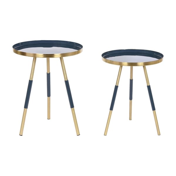 Jeu de 2 Tables d'Appoint Rondes avec Pieds Mikado en Fer Bleu et Doré