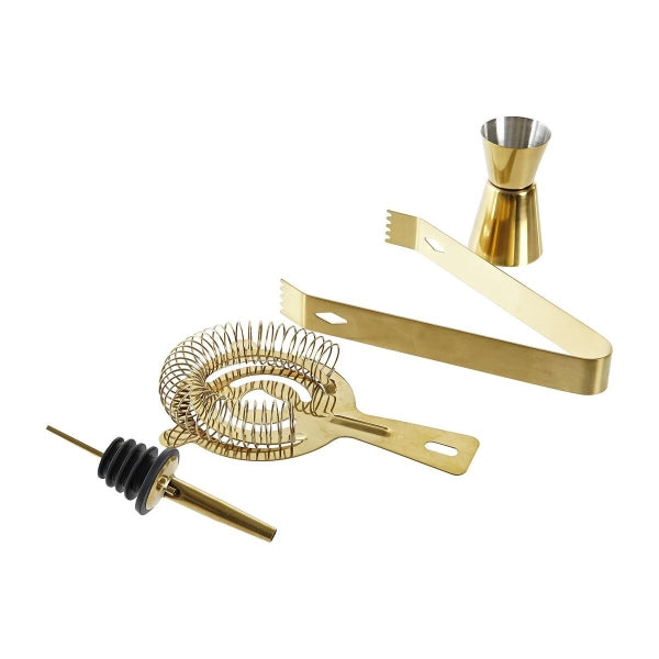 Gold Stainless Steel Cocktail Kit and Bamboo Wood Stand Home Decor