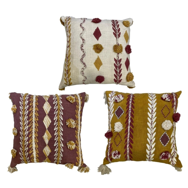 Set of 3 Design Cushions Boho Burgundy White and Mustard Home Decor