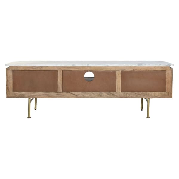 TV Unit in White Marble and Mango Wood, Exotic Design (145 x 42 x 48 cm)