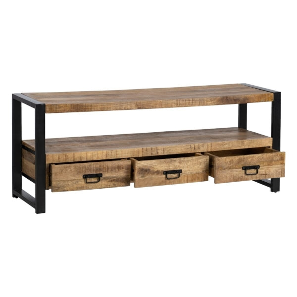 Mueble TV industrial de madera maciza y metal negro