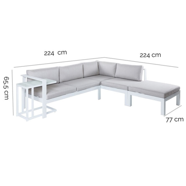 Muebles de jardín de diseño contemporáneo con sofá esquinero y mesa extraíble.