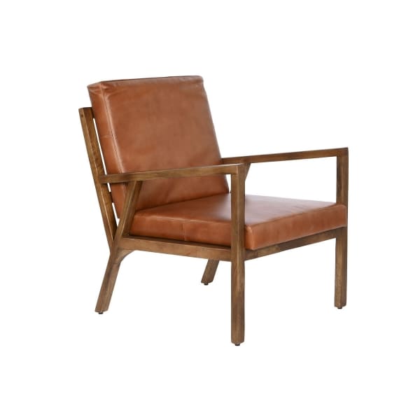 Siège Vintage à Accoudoirs en Cuir Marron et Bois
