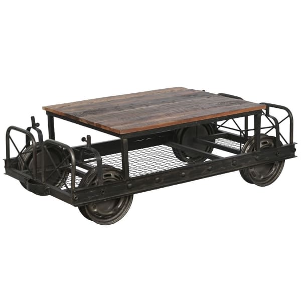 Table Basse Design Chariot Industriel Vintage en Métal Noir et Bois Massif