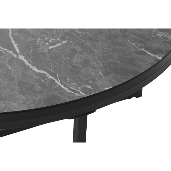 Table Basse Design Ronde Imprimé Marbre Noir et Métal Noir