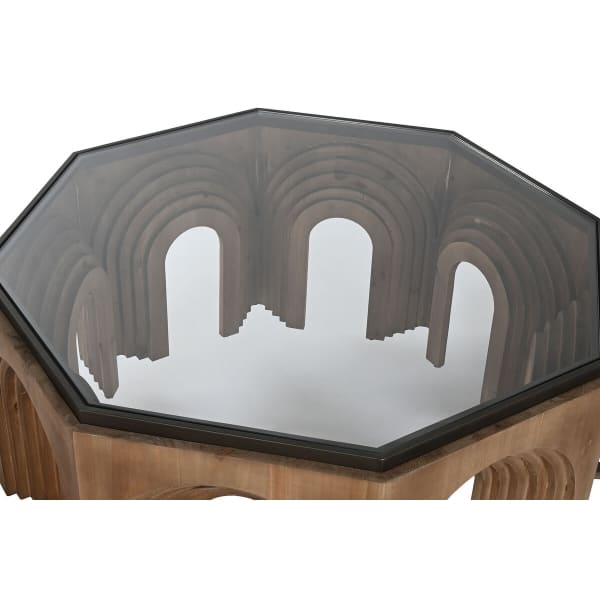 Round Coffee Table Arches Carved in Wood and Glass