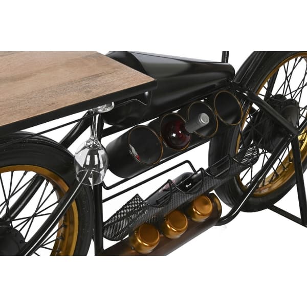 Motorcycle Design Bar with Bottle Rack in Black Metal, Gold and Natural Wood (170 x 35.5 x 71 cm)