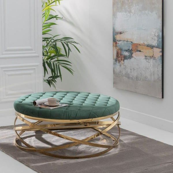 Table Basse Ronde Design Contemporain Home Decor Tissu Vert et Métal Doré