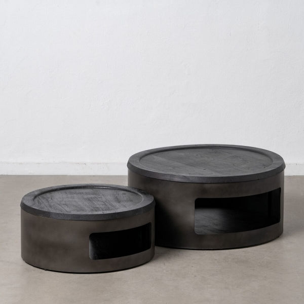 Tables Basses Gigognes Design Loft Home Decor Bois et Fer Noir (75 x 75 x 34 cm) ( 65 x 65 x 28 cm) (2 pièces)