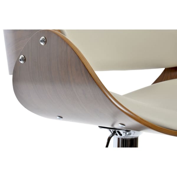 Contemporary Stool in Walnut Wood, Cream Faux Leather and Chrome