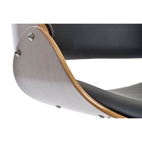 Contemporary Stool in Walnut Wood, Black Faux Leather and Chrome