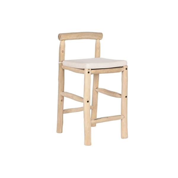 Tabouret Design Montagnard en Bois Sculpté et Coussin Beige