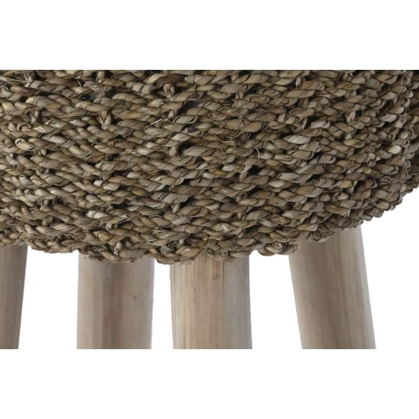 Chic Country Stool in Brown Woven Fiber and Teak Wood