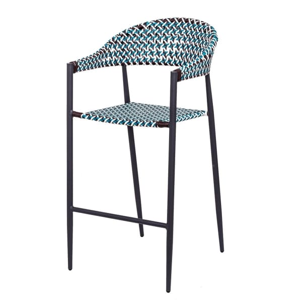 Green Synthetic Rattan and Black Metal Garden Stool