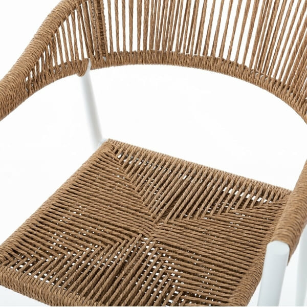 High Stool with Woven Rattan and White Metal Back