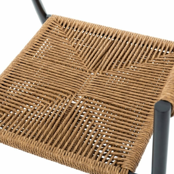High Stool with Backrest Woven Rattan and Black Metal