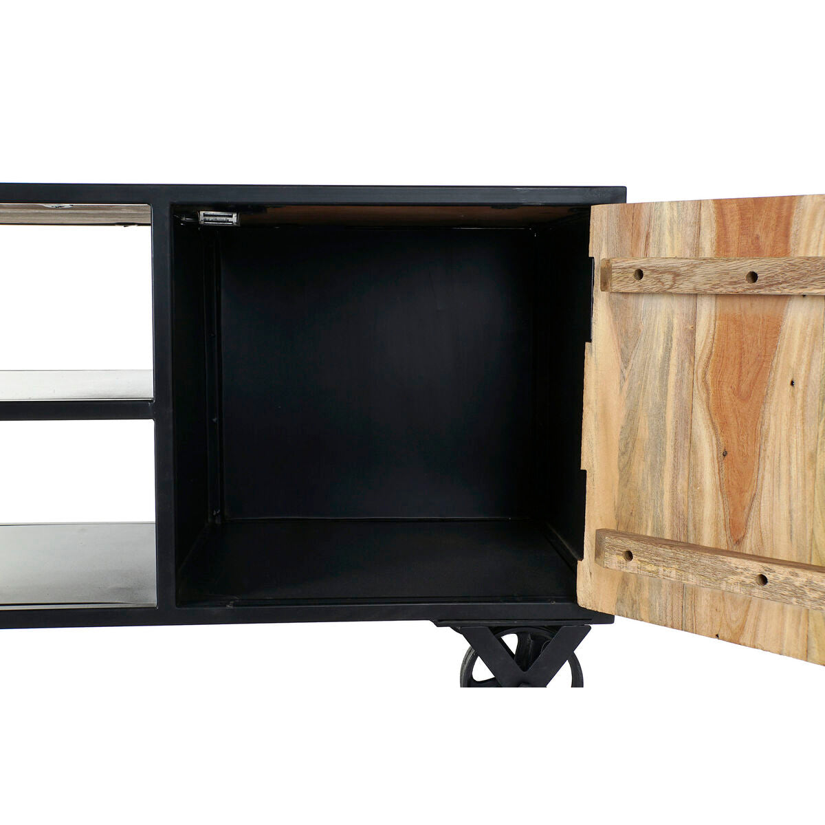 Mueble TV industrial de madera maciza y metal con ruedas