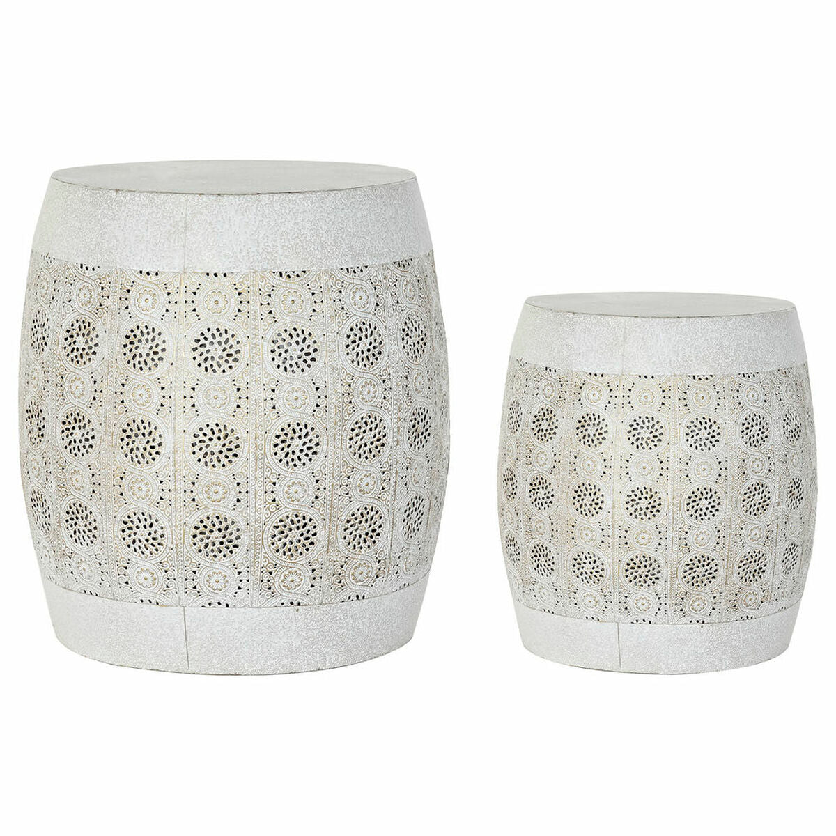 Tables d'Appoints Arrondies en Métal Blanc et Doré Design Arabe (2 pcs) (40 x 40 x 42 cm) (30 x 30 x 34 cm)