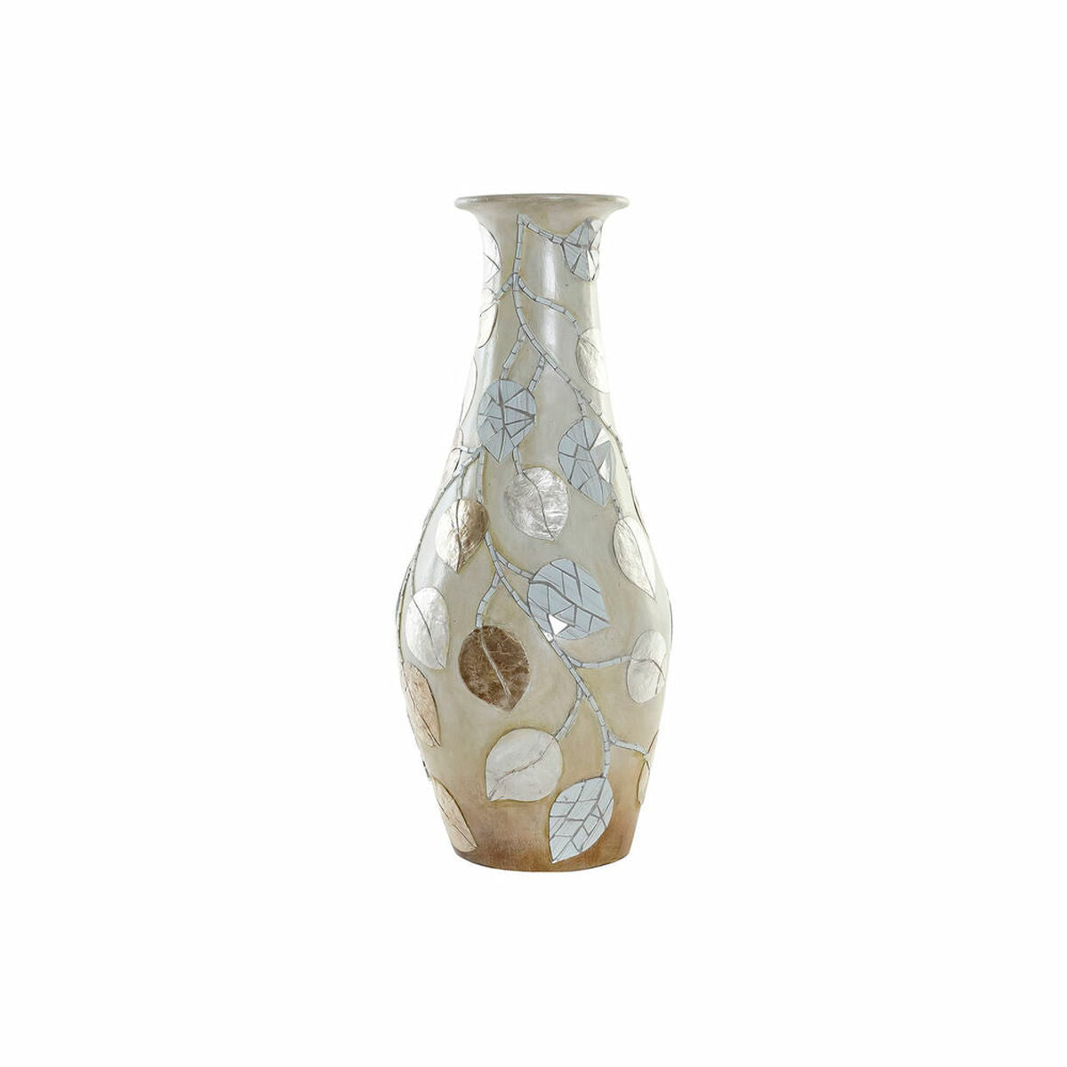 Vase Balinais en Terre Cuite Beige, Marron et Feuilles Dorées (25 x 25 x 60 cm)