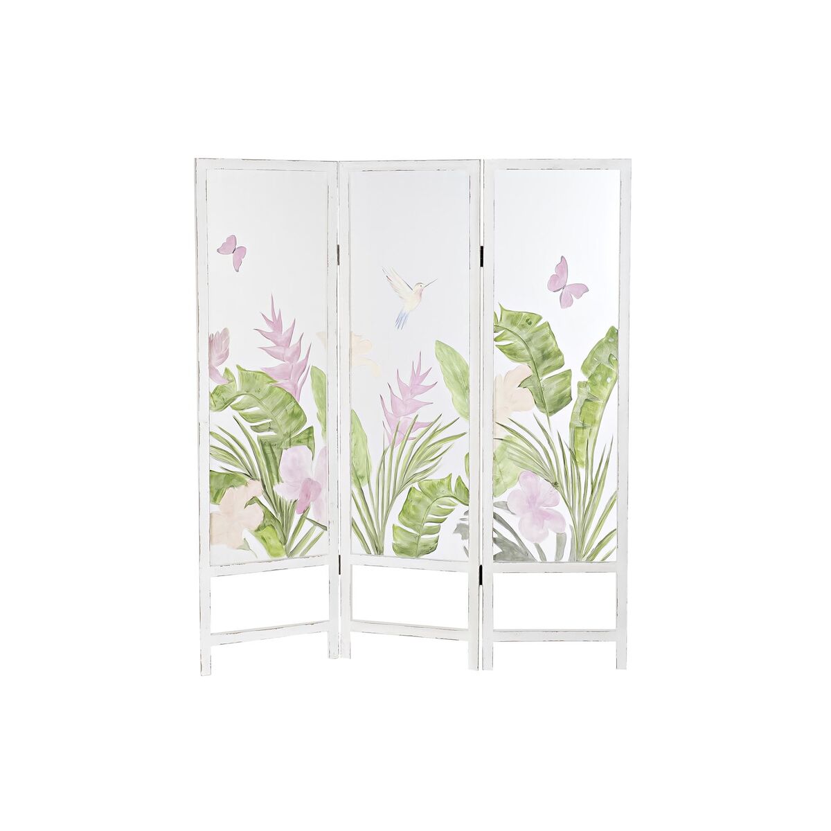 Paravent Design Tropical Oiseau Blanc Home Decor Bois et Nylon (150 x 2 x 180 cm)