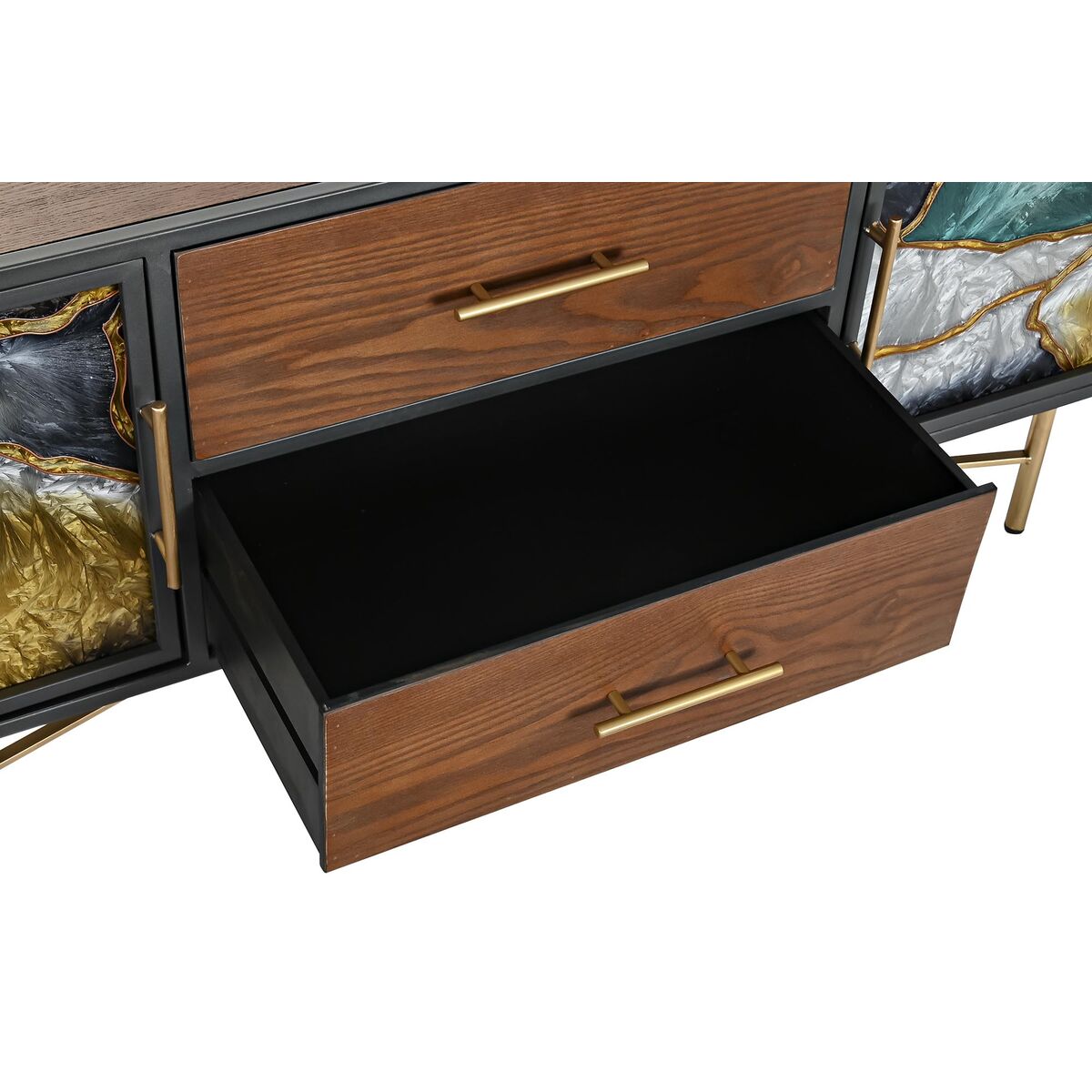 Mueble de televisión exótico en madera marrón y cristal multicolor