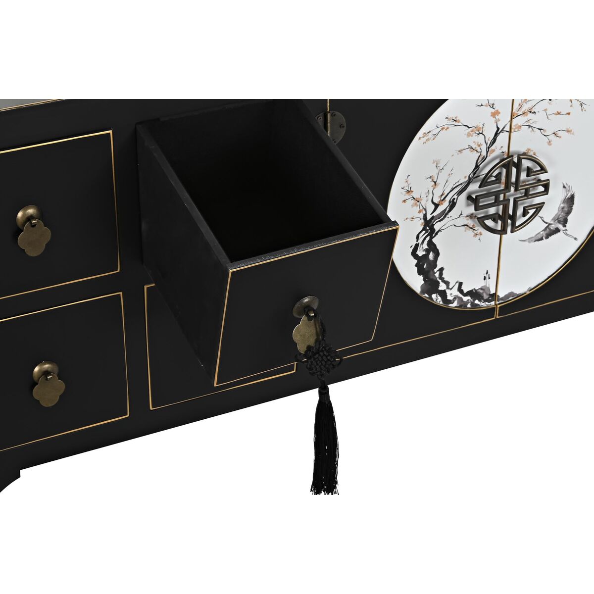 Mueble para Televisión de Madera de Abeto Blanco y Negro Diseño Oriental (130 x 26 x 51 cm)