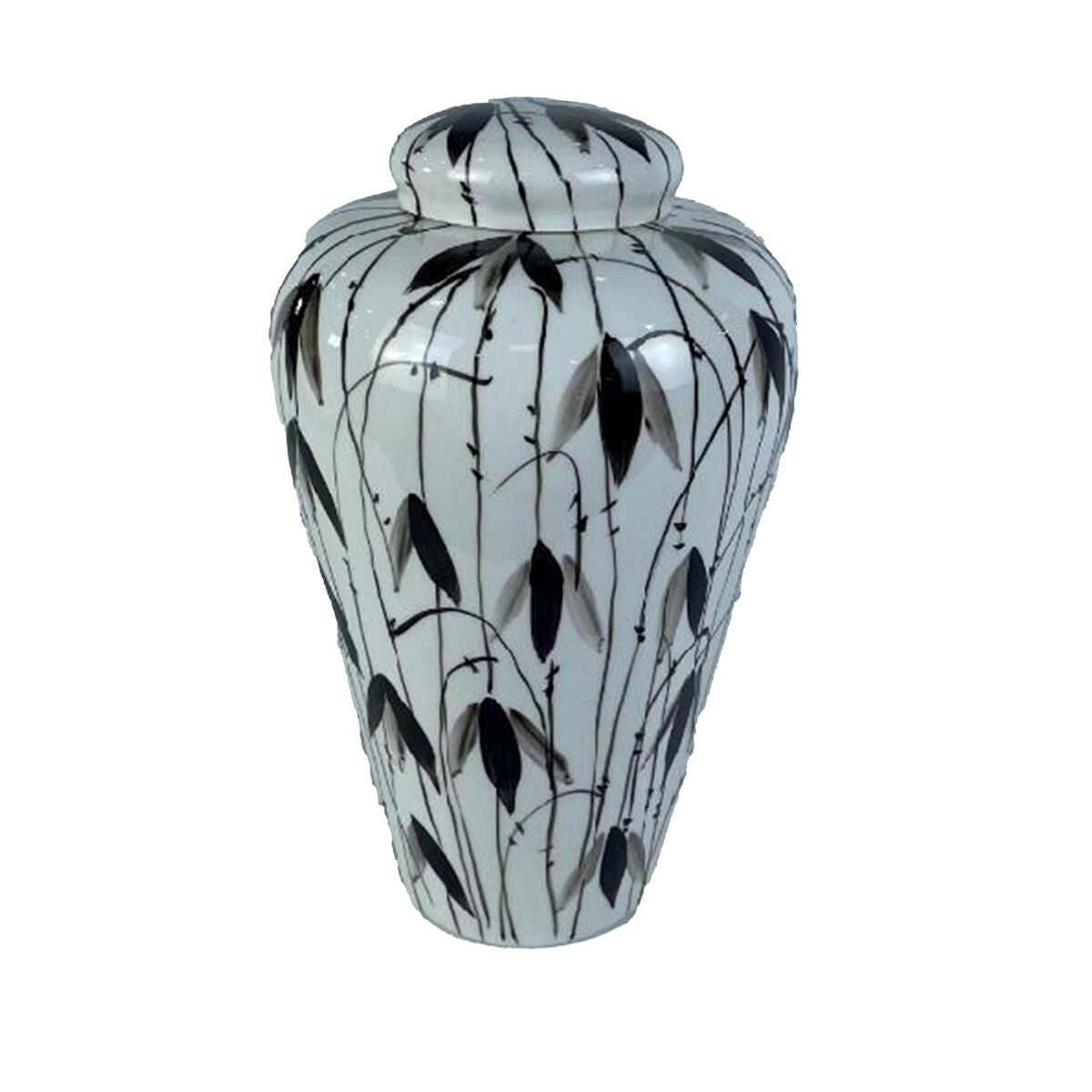 Potiche Design Oriental Home Decor Porcelaine Noir Blanc Oriental Feuilles tropicales (23 x 23 x 33 cm)