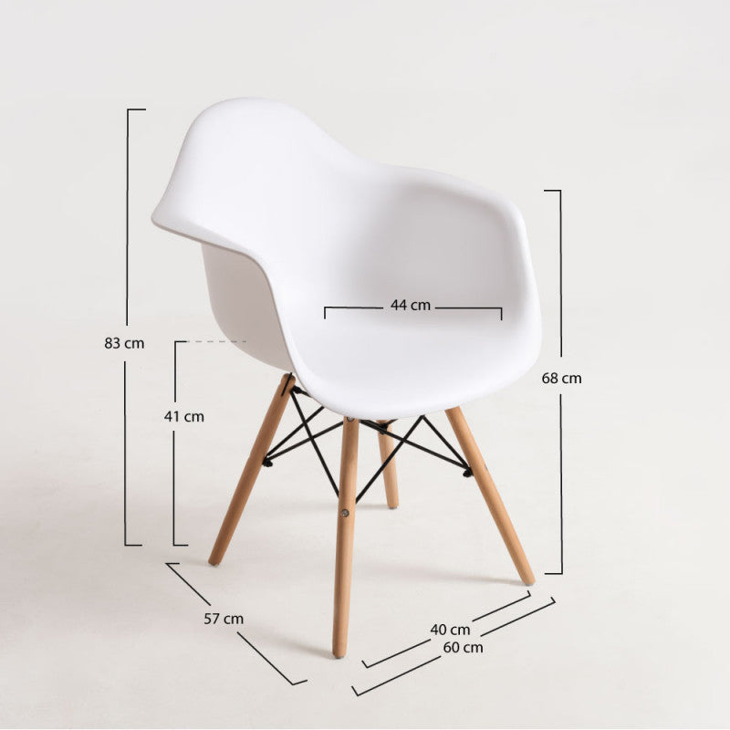 Chaise scandinave à accoudoirs blanche et bois avec dimensions écrites