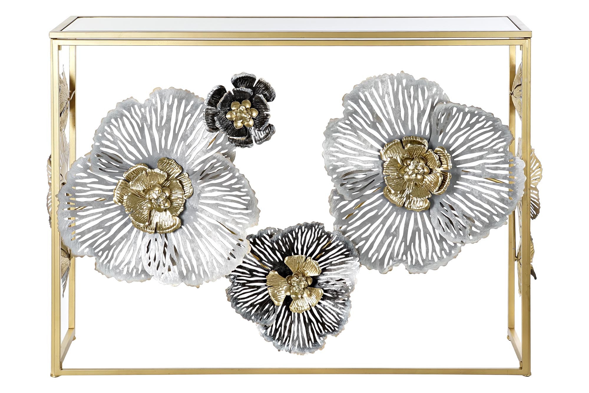 Consola Diseño Espejo Home Decor Espejo Gris Oro Metal Flores (15,6 x 46,4 x 80 cm) 