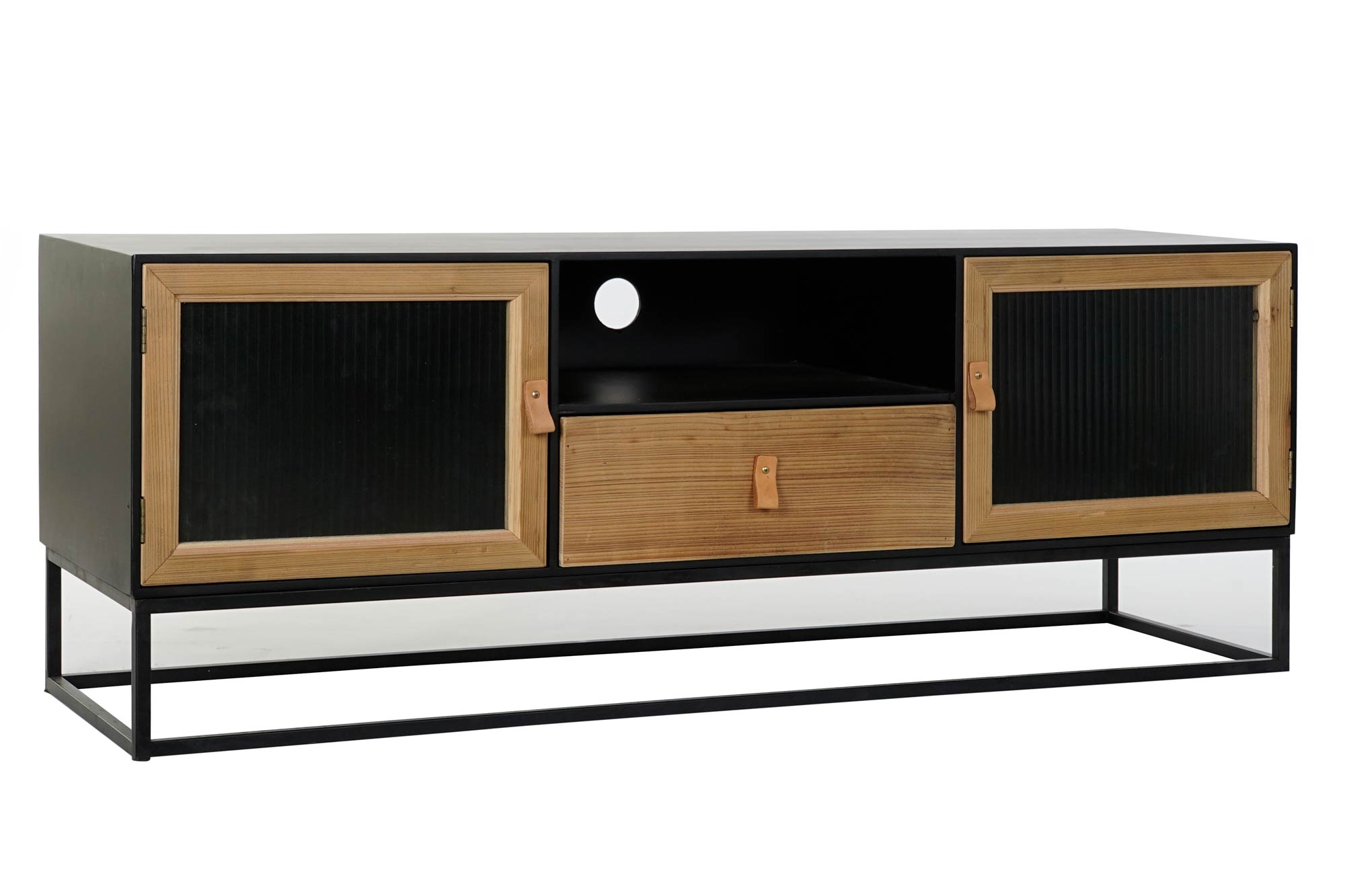 Mueble TV Diseño Loft Home Decor Negro Madera Metal Cristal (140 x 40 x 50 cm) 