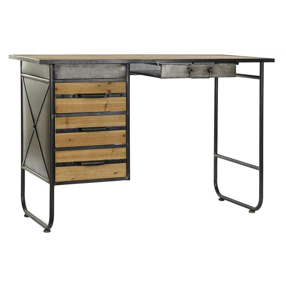 Industrial Style Desk Black Metal and Natural Wood 