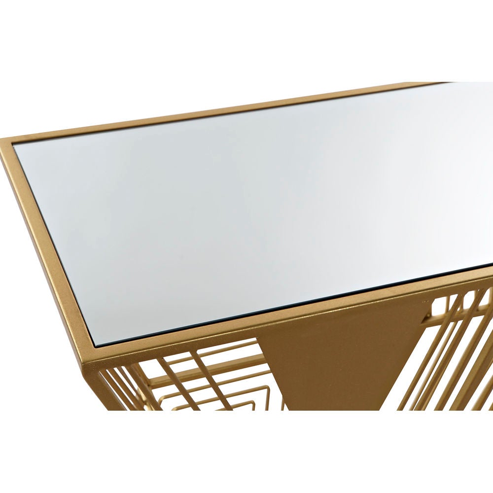 Consola contemporánea en metal dorado y vidrio.