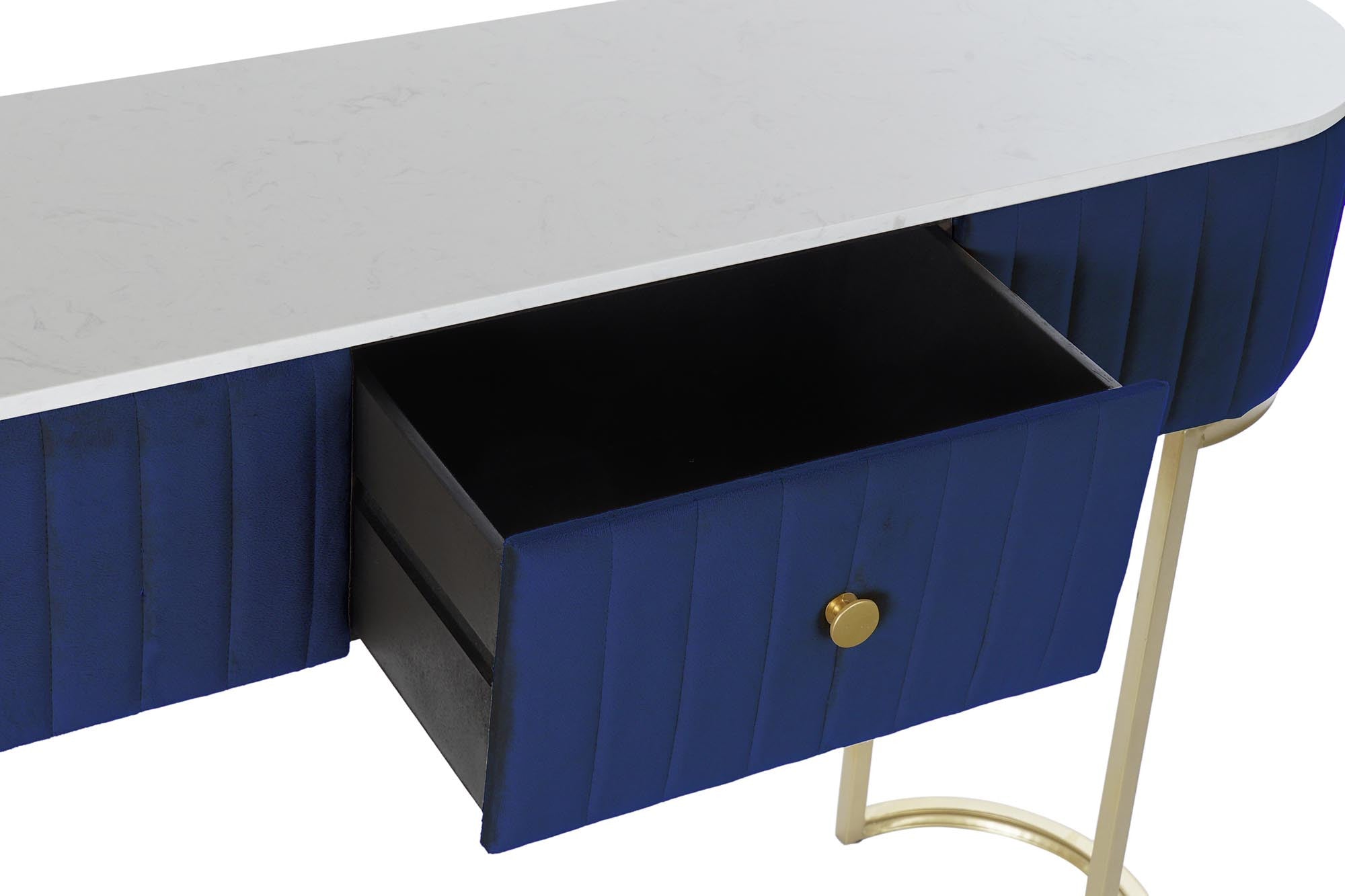 Mesa consola contemporánea de terciopelo azul Decoración para el hogar Mármol dorado (120 x 35 x 80 cm) 