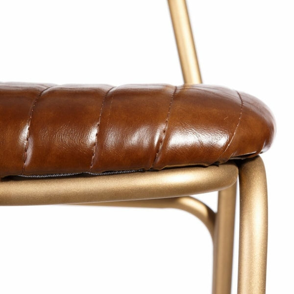 Taburete de diseño vintage de cuero marrón y metal dorado con respaldo 